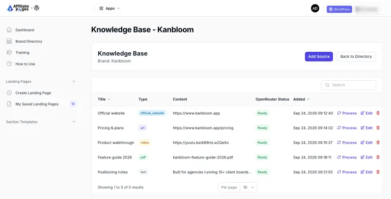 Knowledge base for a sample brand listing five sources, one of each type (official website, website URL, YouTube video, PDF and raw text notes), all marked Ready