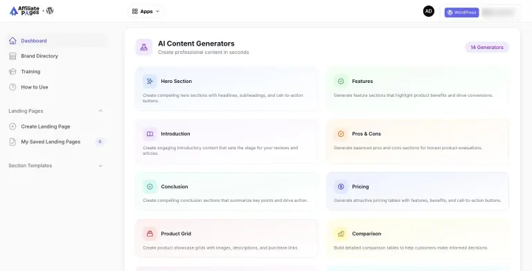 AffiliatePages dashboard panel of AI content generators with cards for Hero Section, Features, Introduction, Pros and Cons, Conclusion, Pricing, Product Grid and Comparison