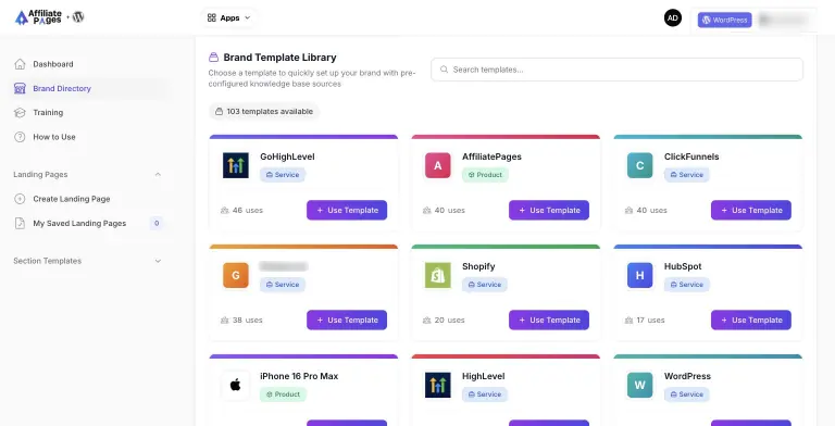 Brand Template Library with 103 ready-made brand templates, such as Shopify, HubSpot, ClickFunnels and WordPress, each with a type badge, usage count and Use Template button