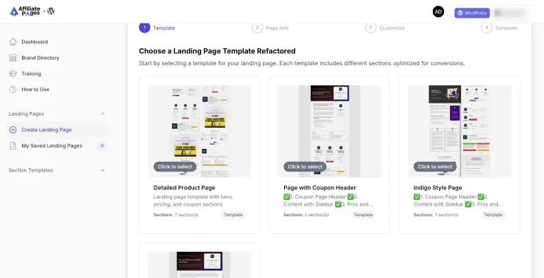 Landing page wizard on step 1 of 4 (Template, Page Info, Customize, Generate) showing page templates with full-page thumbnails and section counts