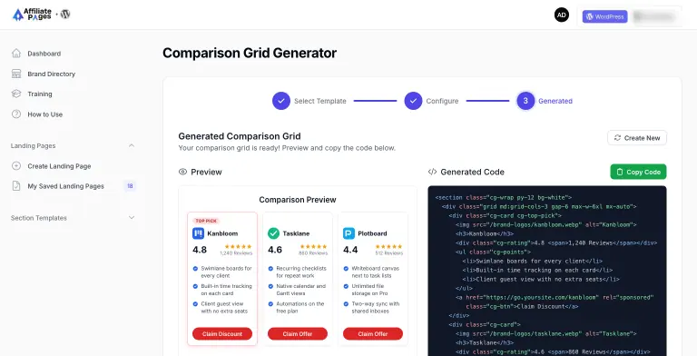 Comparison grid generator on its final step, showing three sample brands side by side with star ratings and matching bullet points, next to the generated HTML and a Copy Code button