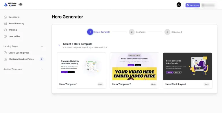 Hero Generator on step 1 of 3, Select Template, showing three hero templates to choose from